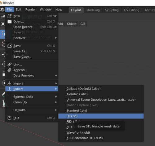 Main menu. File – Export – Stl (.stl)