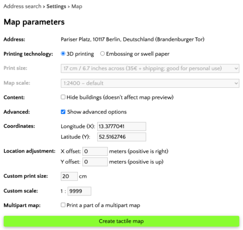 Screenshot of the website touch-mapper.org with the detailed setting options