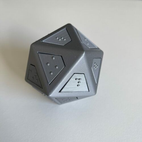 photo of the 20 sided dice labeled with braille