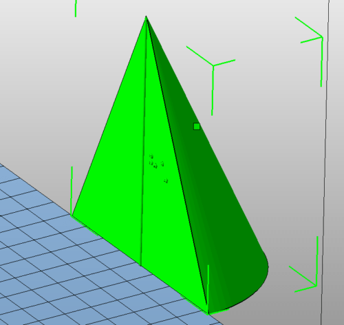 Cone cut through from the tip to the base. Half of it can be seen. The vertical line from the bottom to the tip (height) is shown raised and labelled h in Braille. 