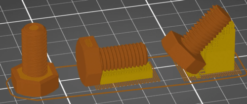 Three models of a bolt each in a different direction. One has the head side of the bolt facing the bottom and no support. One is horizontal with support on the thread of the bolt. The last one is in a 45 degree angle with support on the entire bottom of the model.