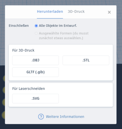 Dialogue box for saving the file. Download as OBJ, STL and GLTF is possible