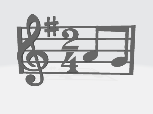 A 3D model of music notation showing the musical staff, a treble cleff, the sharp symbol, a 2 4 time signature and two joined quavers.