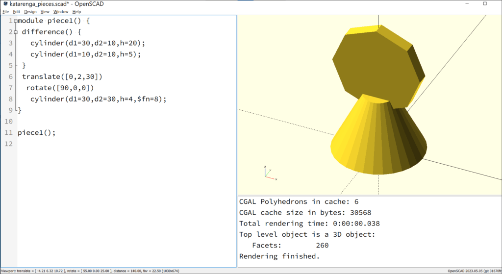 A screenshot of OpenSCAD shoing the hollow game piece and the corresponding coe.